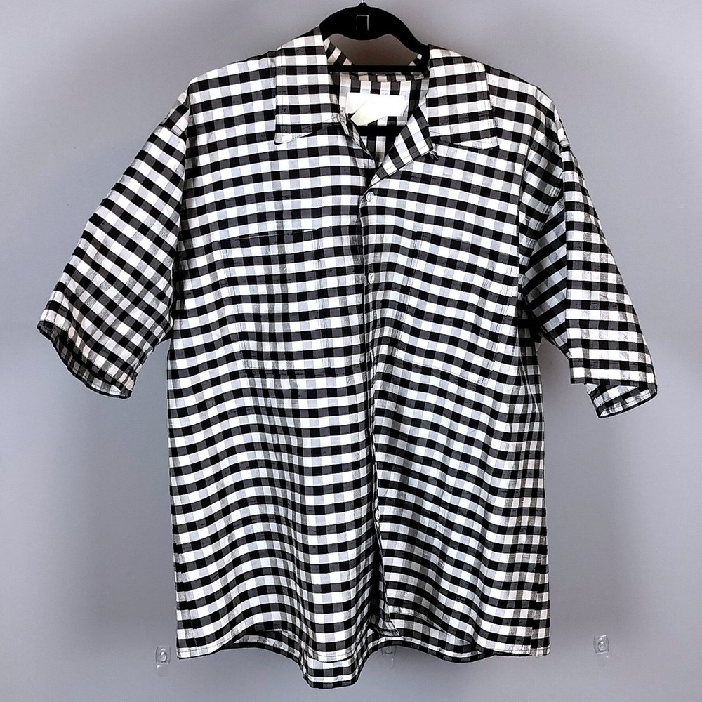Vintage Clotheslines Inc 100% Silk Gingham Shirt Mens Black White Short Sleeve